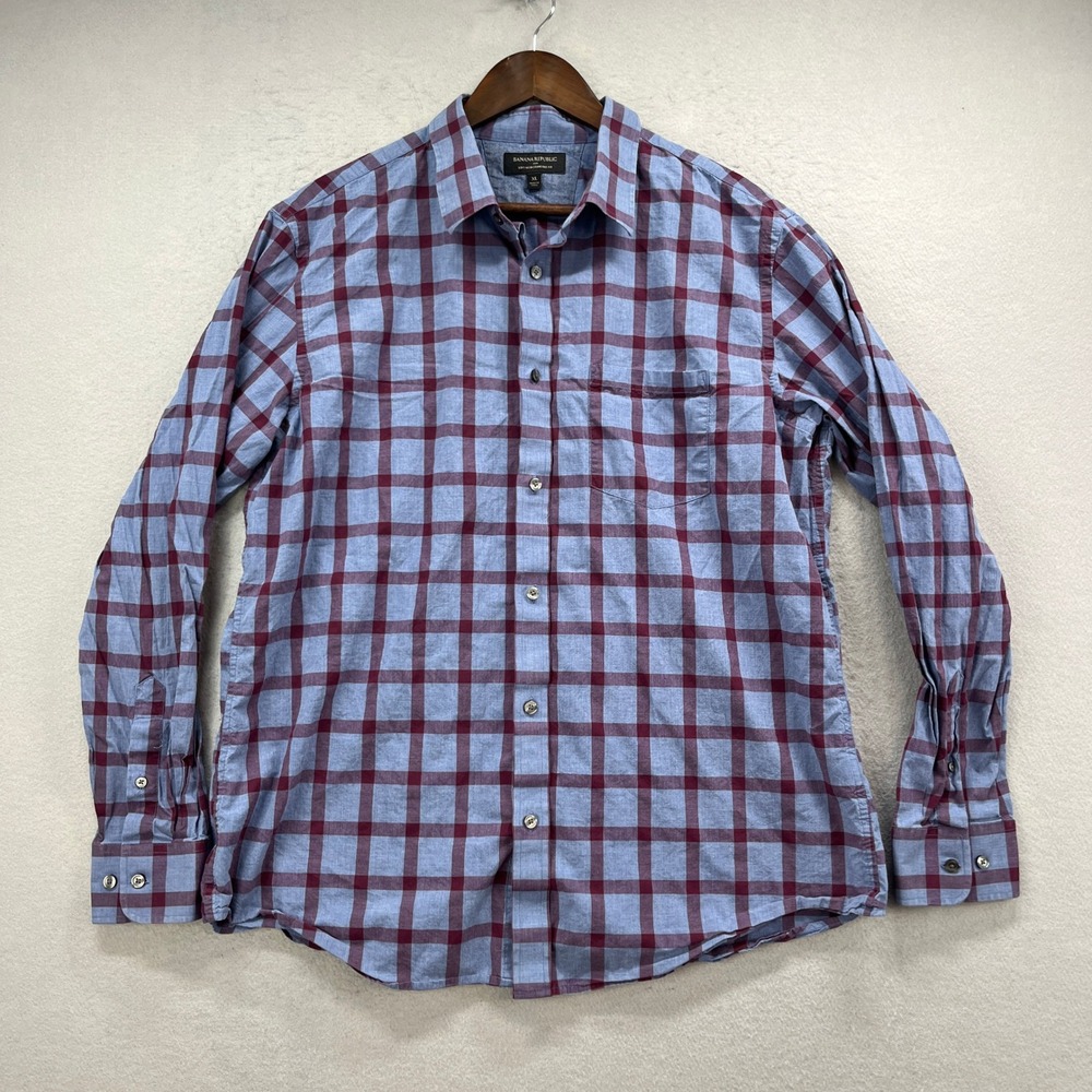 Banana Republic Shirt Mens XL Blue Maroon Plaid Standard Fit Preppy Button Up